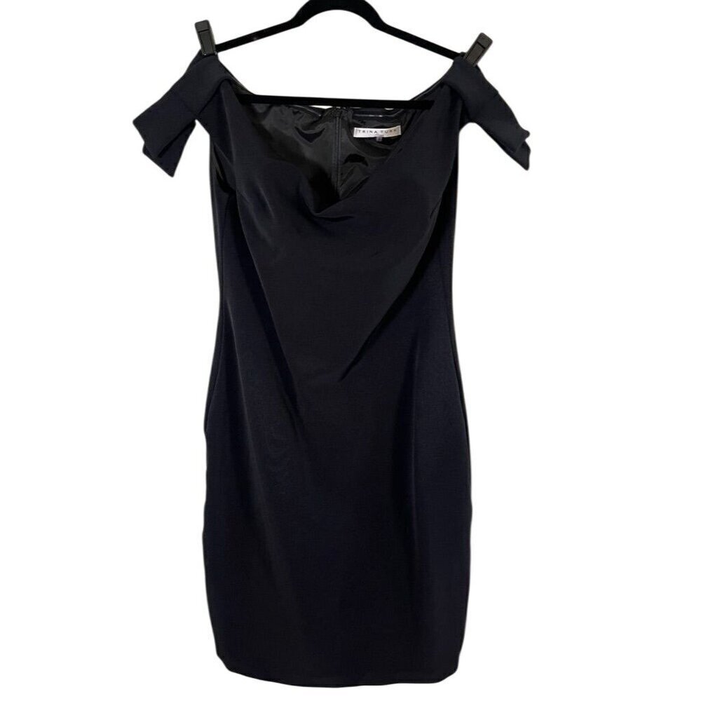 Trina Turk Off Shoulder Dress 14 Black LBD Holiday Luxury Neutral Cocktail Glam‎